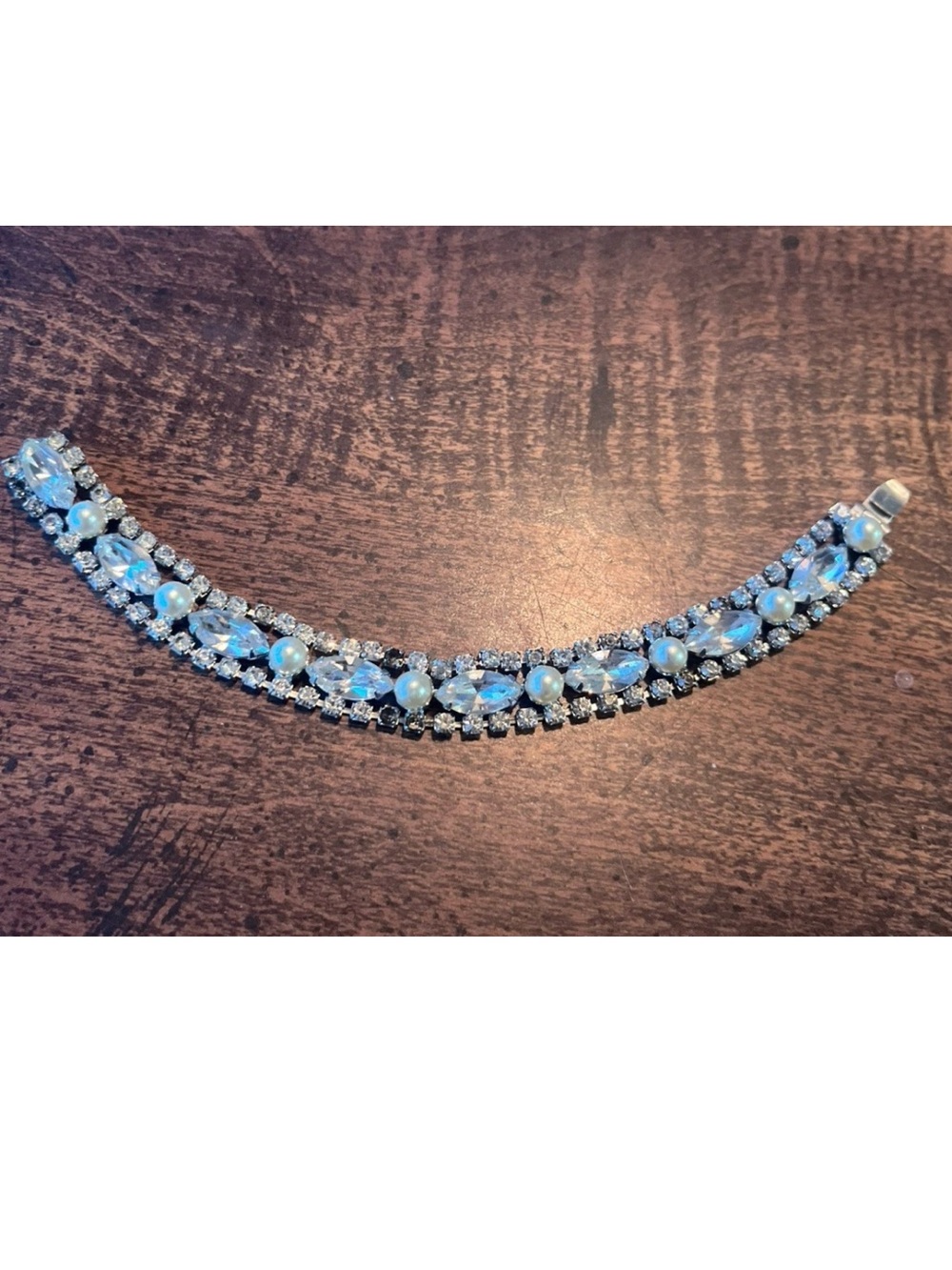 Vintage Rhinestone Faux Pearl Bracelet 
Silver Tone Aurora Borealis Marquise 7